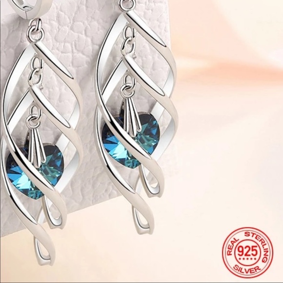 925 Sterling Silver Hollow Blue Crystal Long Drop Earrings - Picture 2 of 4